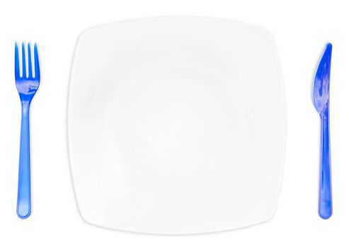 White plate and utensil on white background