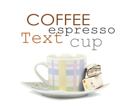 Coffee cup with sweets on white background