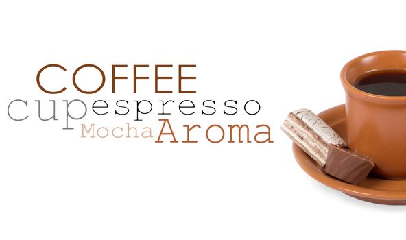 Closeup shot of freshly prepared cup of italian espresso with cinnamon and candy over white background