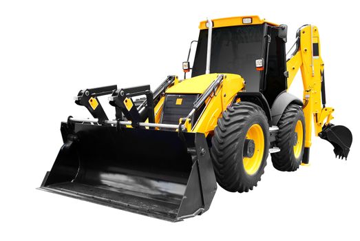 Front view of earth-moving machine isolated on white