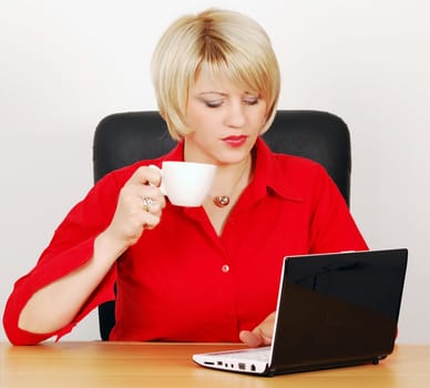 Beauty business woman with coffee and laptop