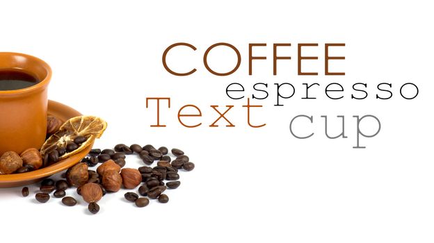 Cup of coffee with ingredients on a white background