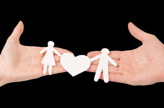 Cutout paper chain family with the protection of cupped hands, concept for security and care