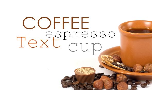 Cup of coffee with ingredients on a white background