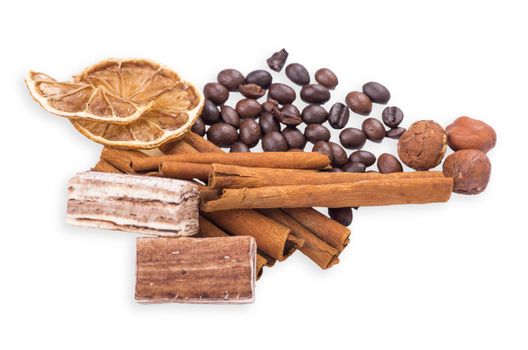 coffee beans, cinnamon and lemon isolated on white