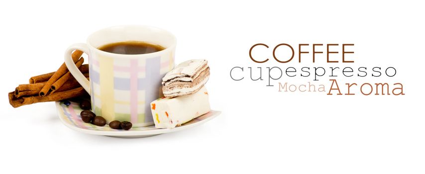 Coffee cup with sweets an cinnamon on white background