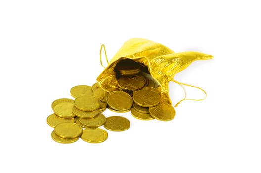 Money coins in golden bag isolated on white