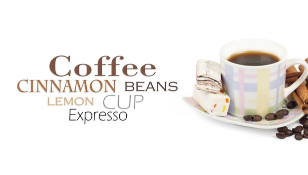 Cup of coffee with ingredients on a white background