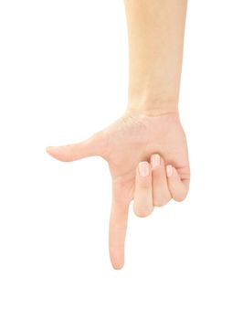Hand pointing, touching or pressing isolated on white. Caucasian female.