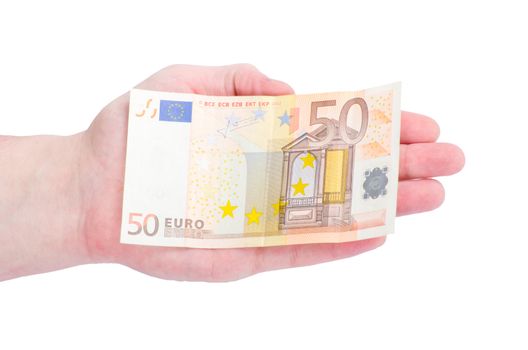 Money (Euro) in a hand isolated on white