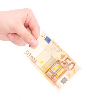 Money (Euro) in a hand isolated on white