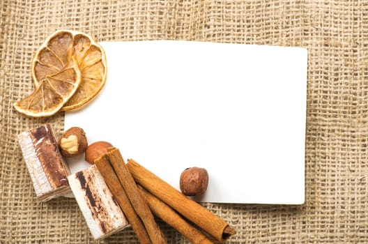 Menu Design.Old paper, coffee bean, cinnamon, lemon, burlap.