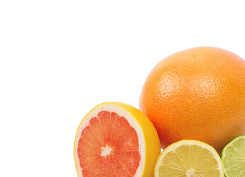 Image of a fresh whole lime, lemon and orange isolated on white
