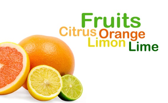 image of a fresh whole lime,lemon and orange isolated on white