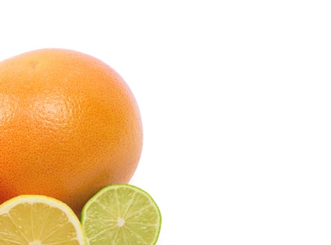 Image of a fresh whole lime, lemon and orange isolated on white