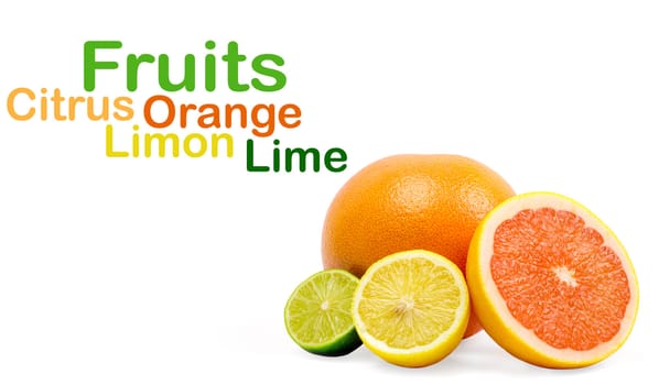 image of a fresh whole lime,lemon and orange isolated on white