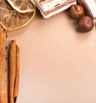 Menu Design. Old paper, coffee bean, cinnamon, lemon, burlap.