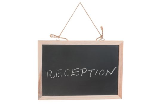 Reception word on blackboard hanging by rope isolated against white
