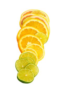 Vitamin C Overload, Stacks of sliced fruit isolated on white