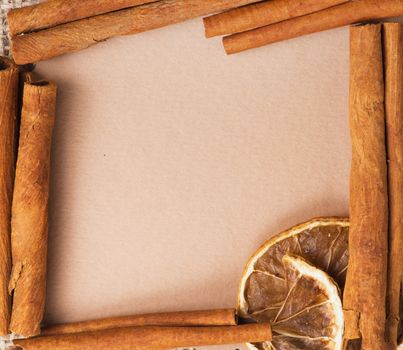 old paper for recipes and spices on burlap closeup