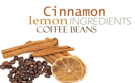 coffee beans, cinnamon and lemon isolated on white