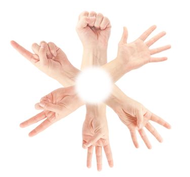 Counting man hands (0 to 5) isolated on white background