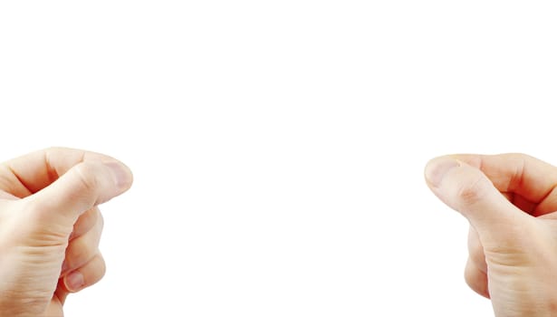 well shaped male hand and arm holding for something isolated on white