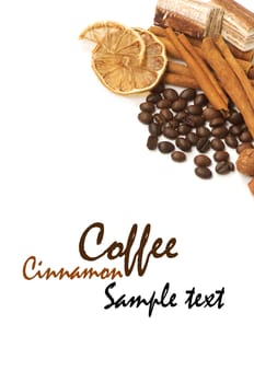 Coffee beans, cinnamon, lemon and sweets over white with a space for Your text