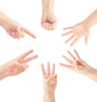 Counting man hands (0 to 5) isolated on white background