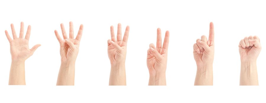 Counting man hands (0 to 5) isolated on white background