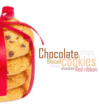 Chocolate chips cookies with red ribbon isolated on white