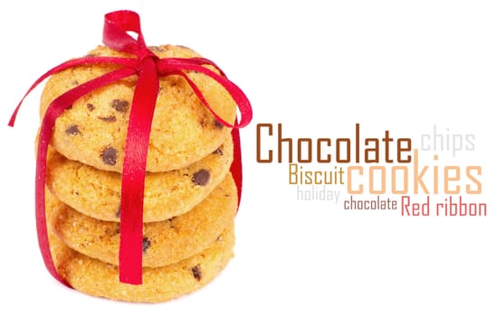 Chocolate chips cookies with red ribbon isolated on white