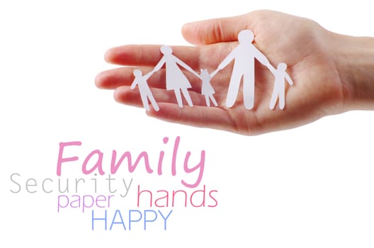 Paper family in hands isolated on white background