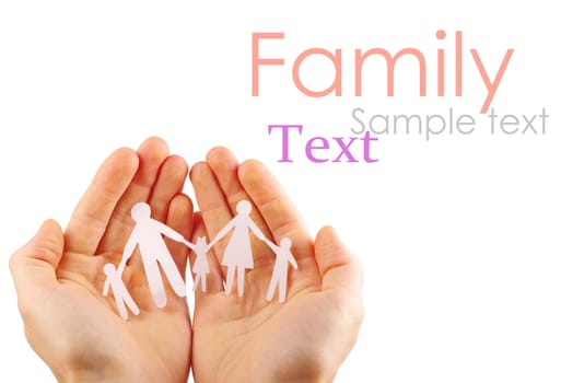 Paper family in hands isolated on white background