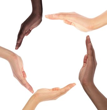 Conceptual symbol of multiracial human hands making a circle on white background with a copy space in the middle
