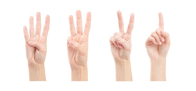 Counting woman hands (1 to 4) isolated on white background