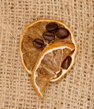 lemons and coffee beans on burlap