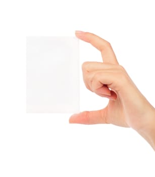 Businesswoman's hand holding blank paper business card, closeup isolated on white background