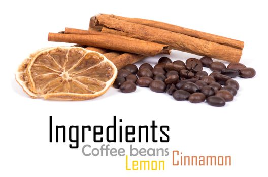 cinnamon, lemon and coffee beans isolated on white
