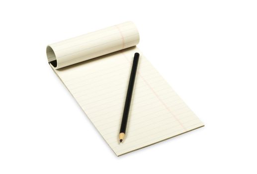 yellow paper for reading with pencil isolated on white