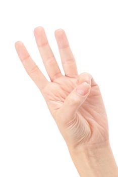 Female hands counting number three isolated on white