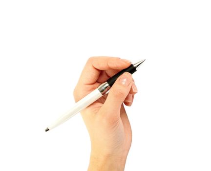 Closeup of a hand writing, on isolated on white background.