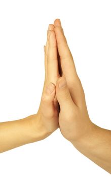 Hands of woman and man over white background