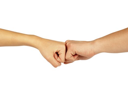 Two hands: man and woman, isolated on white