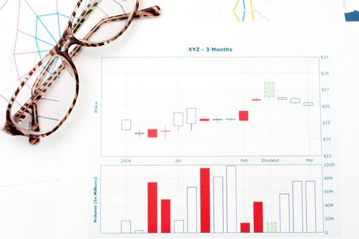 Business graph printed on white paper with glasses on it