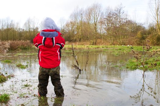 rear view of child in a flooded field