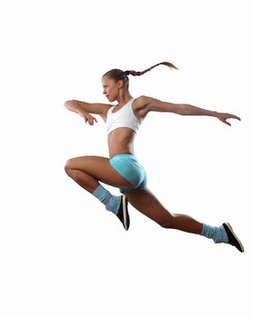 Image of sport girl in jump against white background