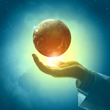 Hand of businessman holding earth planet against illustration background