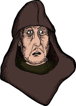 Scared medieval man with hood on isolated background