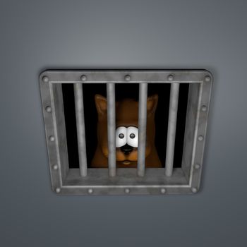 sad cartoon cat behind riveted metal prison window - 3d illustration